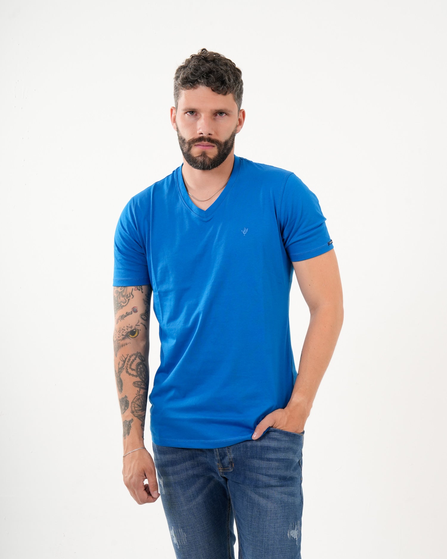 Camiseta Masculina Manga Corta | Algodón Premium Azul Royal Escote V