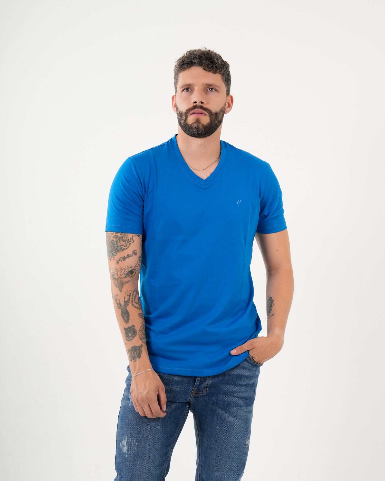 Camiseta Masculina Manga Corta | Algodón Premium Azul Royal Escote V