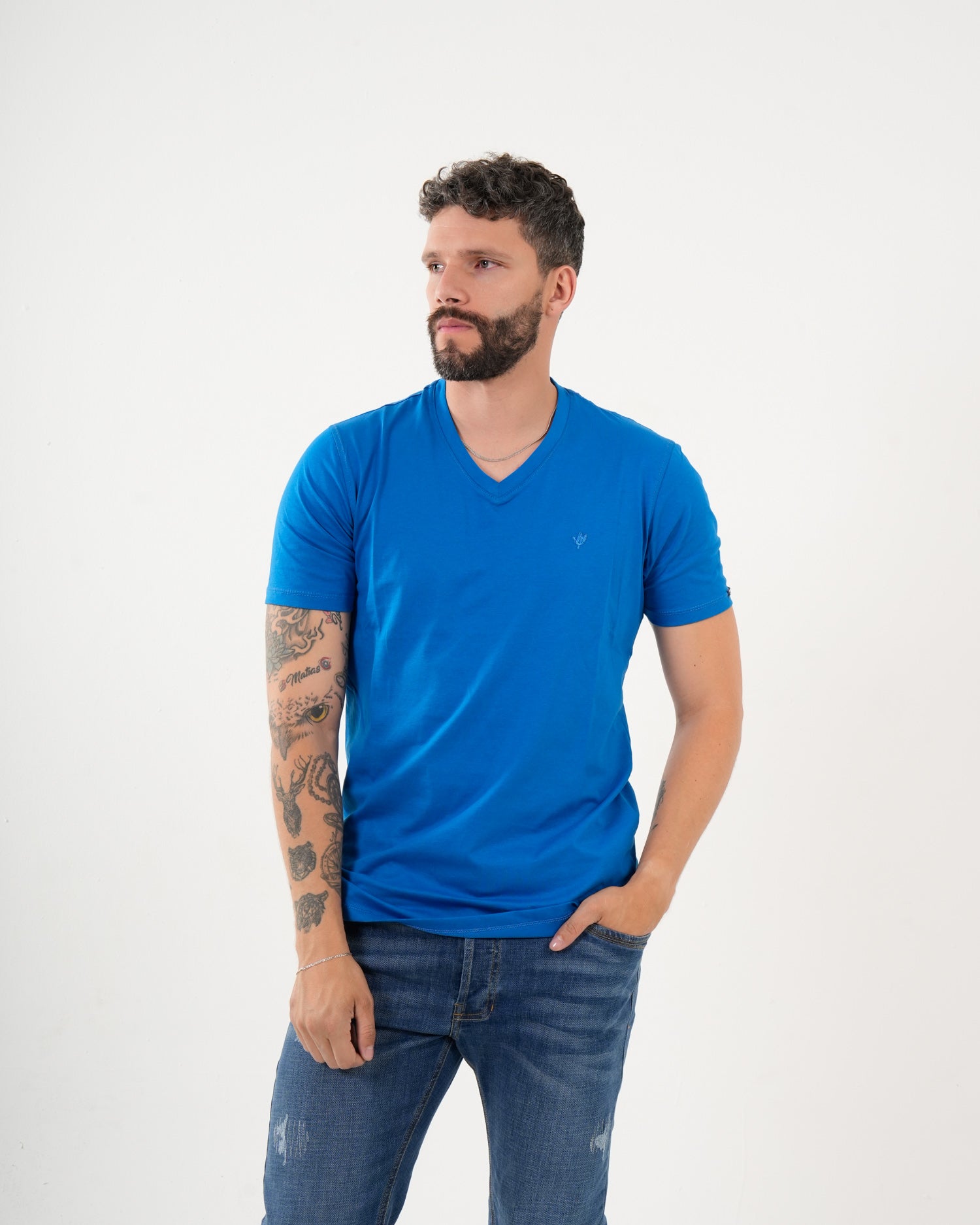 Camiseta Masculina Manga Corta | Algodón Premium Azul Royal Escote V