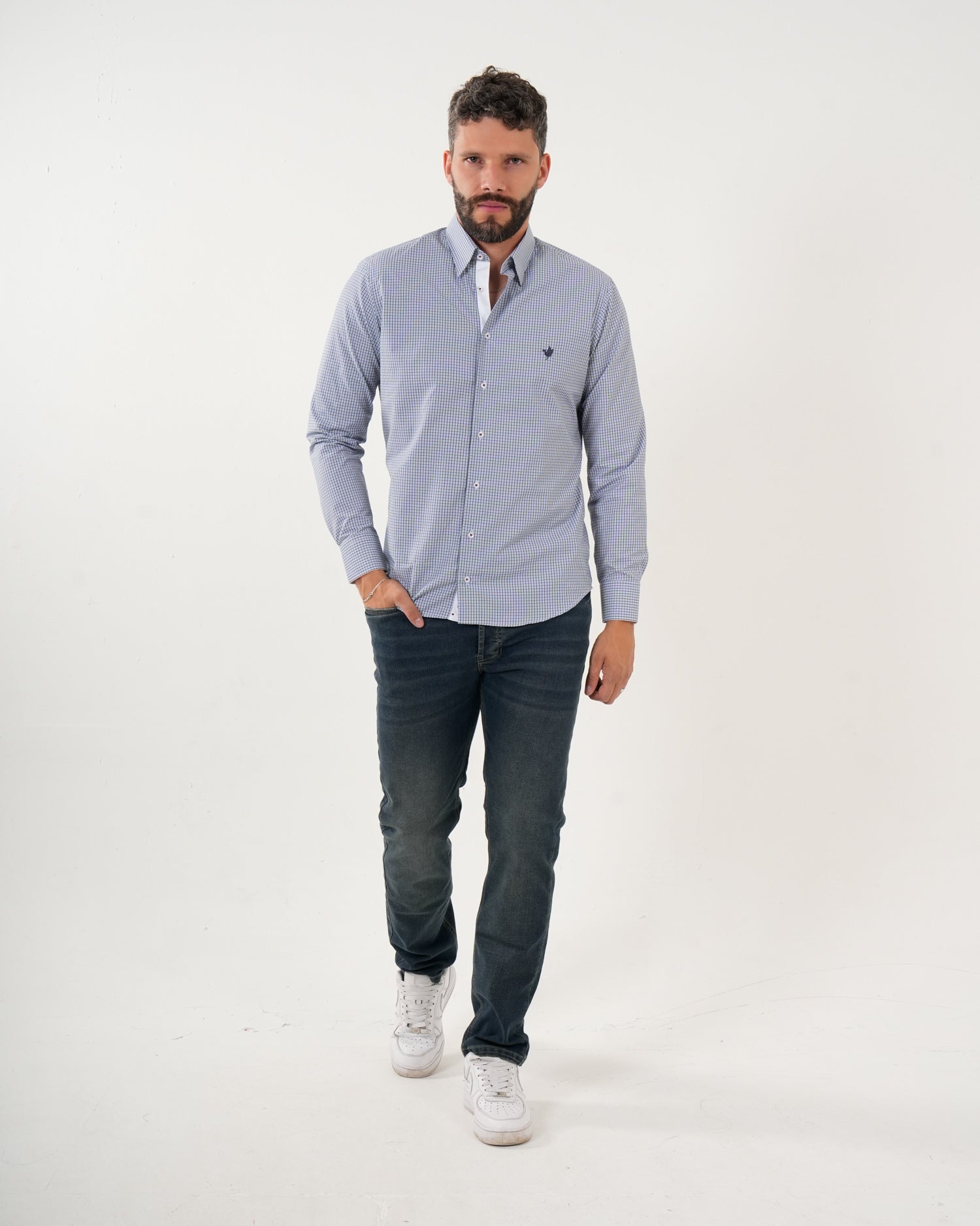 Camisa Masculina Manga Larga | Algodón Premium a Cuadros Azul Claro y Blanco