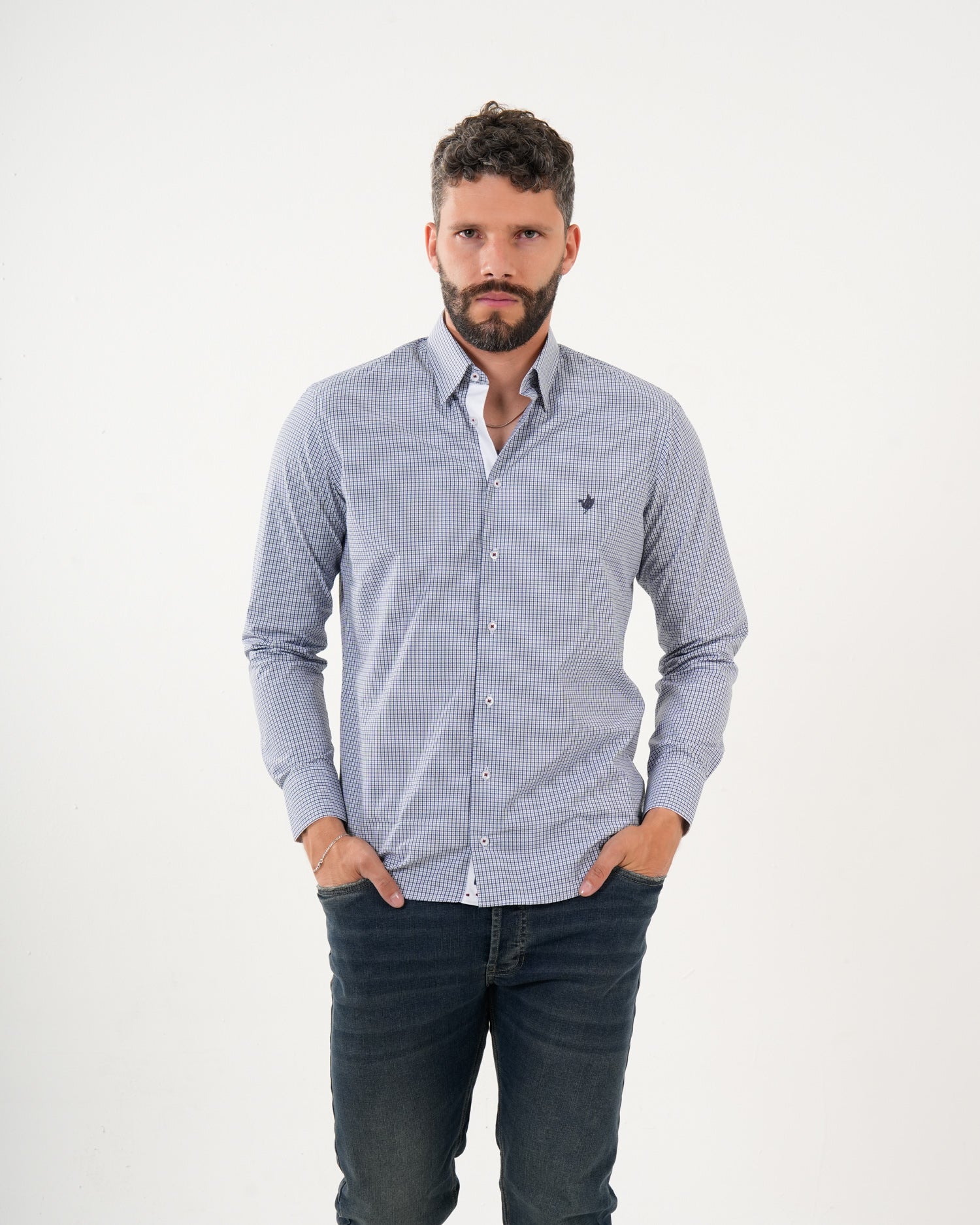 Camisa Masculina Manga Larga | Algodón Premium a Cuadros Azul Claro y Blanco