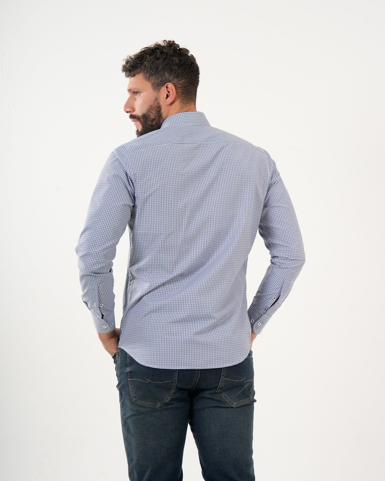 Camisa Masculina Manga Larga | Algodón Premium a Cuadros Azul Claro y Blanco