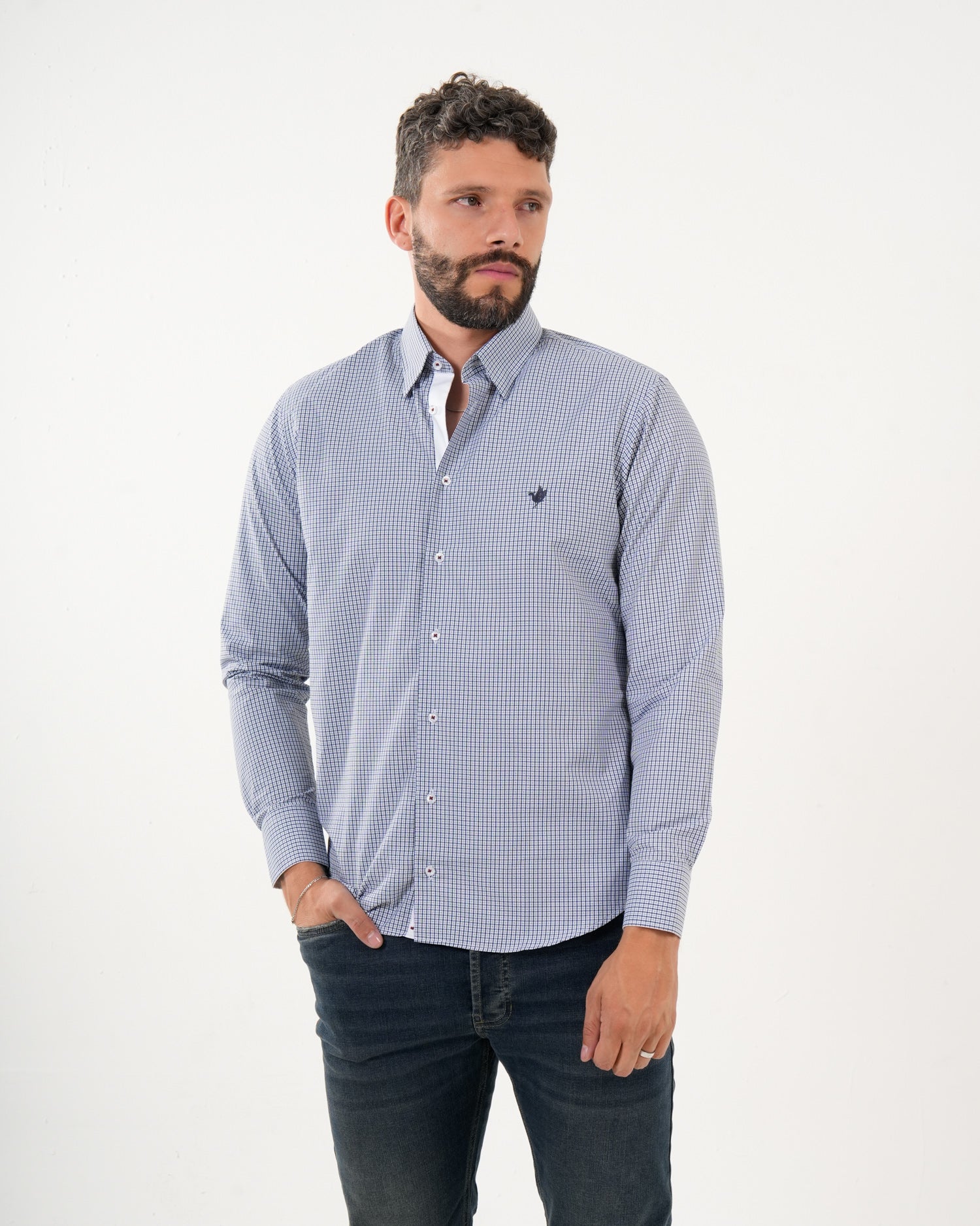 Camisa Masculina Manga Larga | Algodón Premium a Cuadros Azul Claro y Blanco