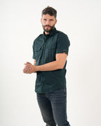 Camisa Masculina Manga Corta | Algodón Premium Verde Oscuro con Bolsillos