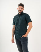Camisa Masculina Manga Corta | Algodón Premium Verde Oscuro con Bolsillos