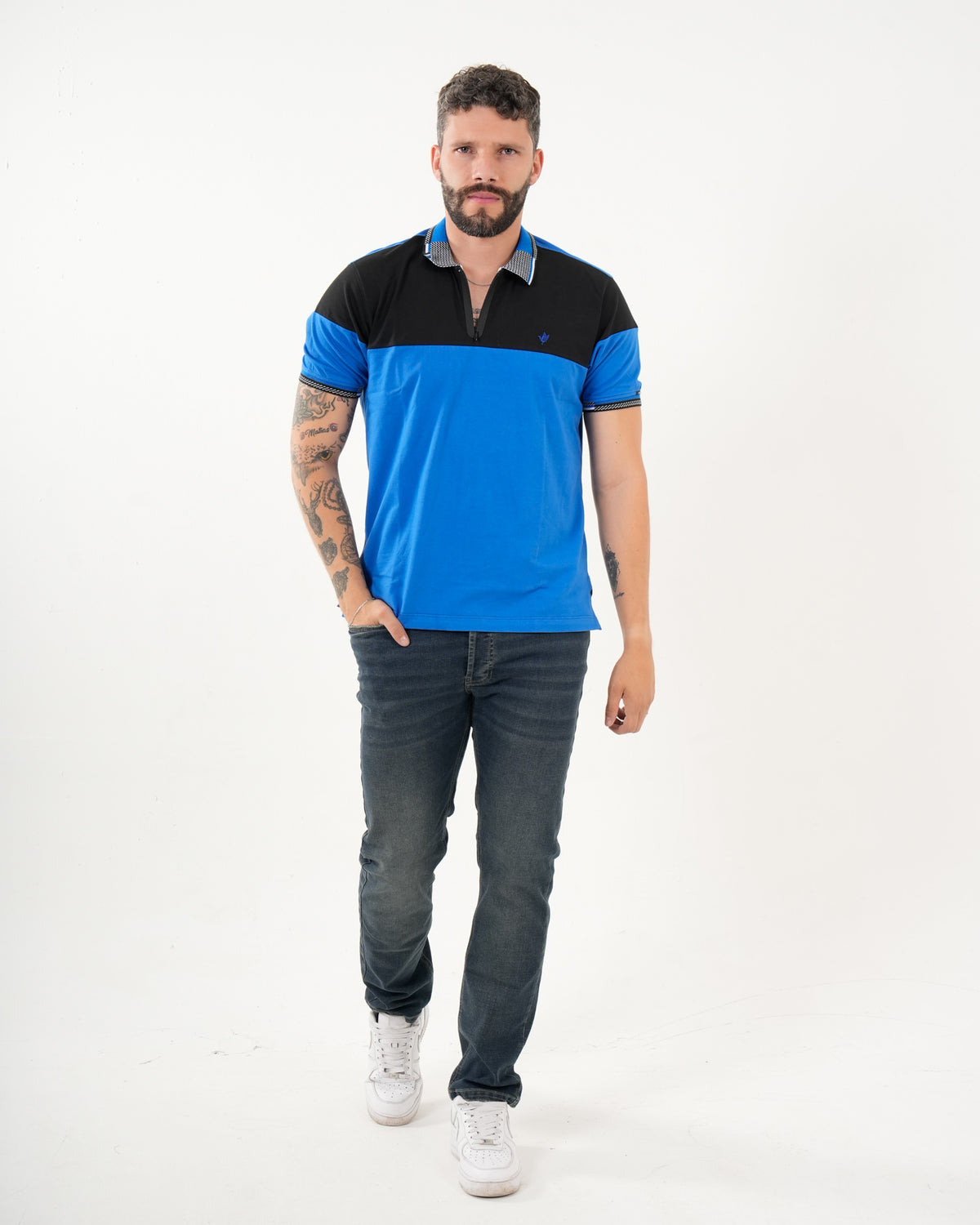 Polo Masculino Manga Corta | Algodón Premium Color Block Azul Real y Negro
