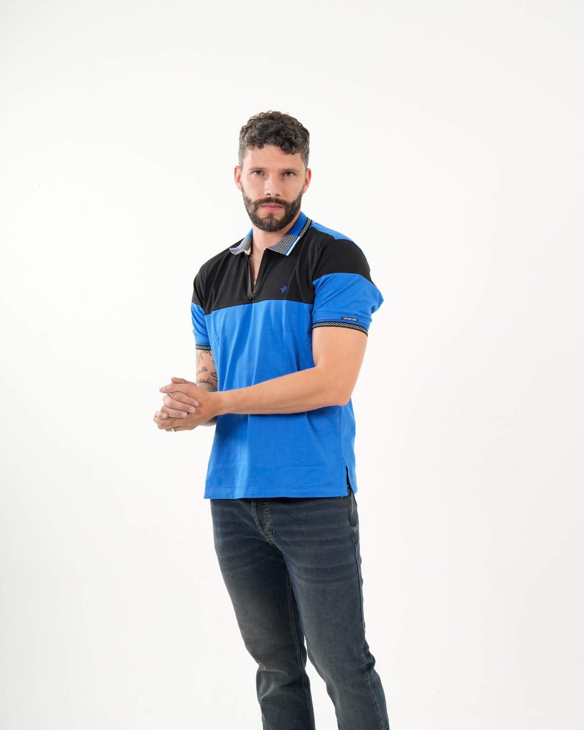 Polo Masculino Manga Corta | Algodón Premium Color Block Azul Real y Negro