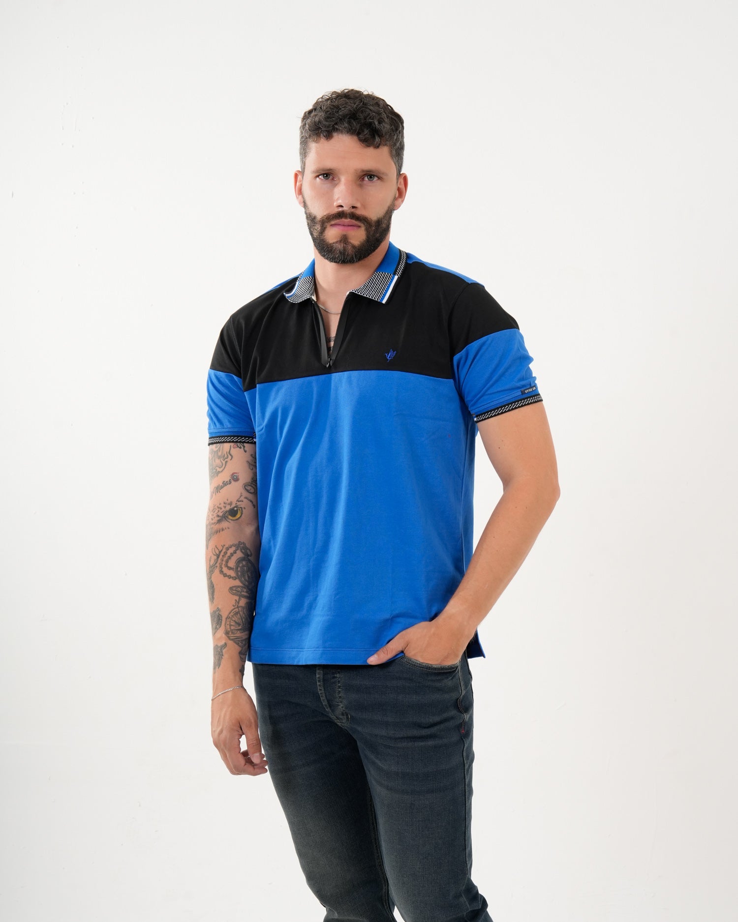 Polo Masculino Manga Corta | Algodón Premium Color Block Azul Real y Negro