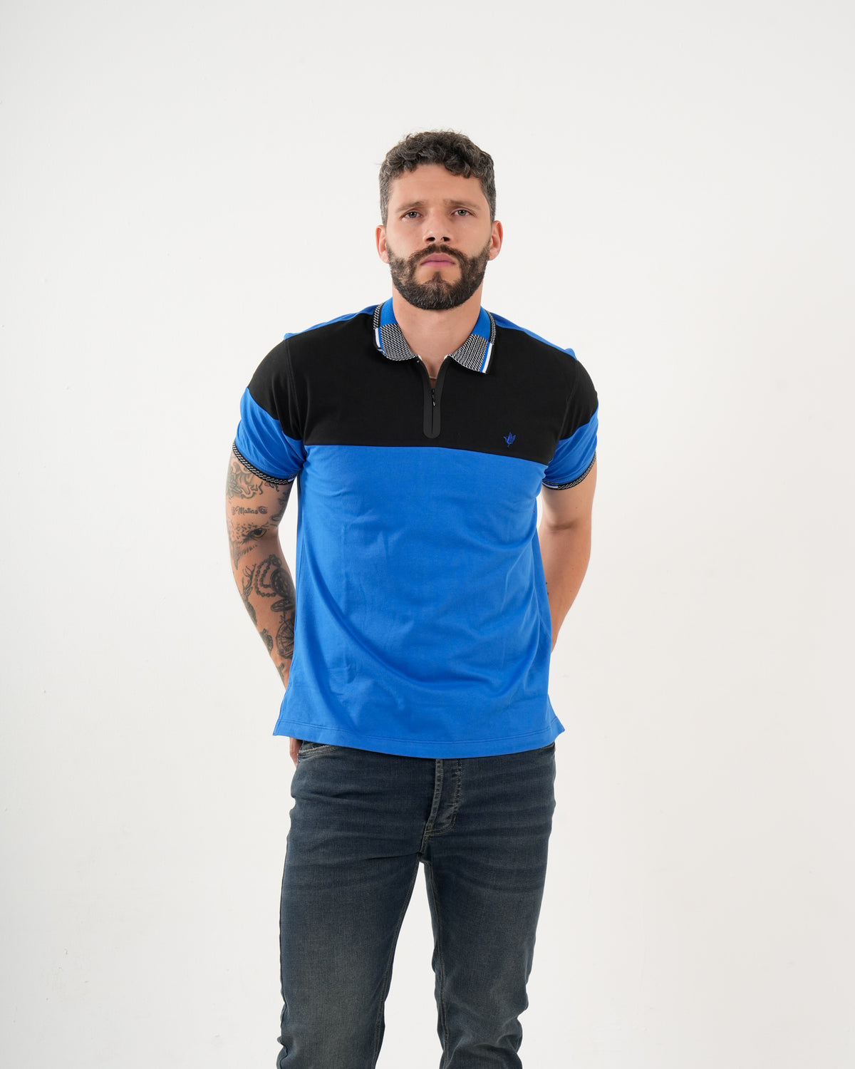 Polo Masculino Manga Corta | Algodón Premium Color Block Azul Real y Negro
