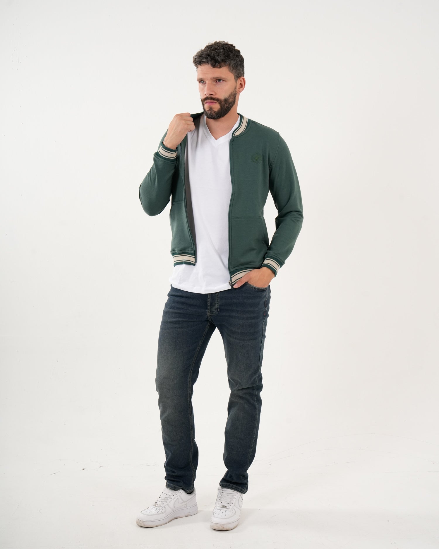 Sudadera Masculina Cremallera | Algodón Premium Verde Oscuro con Ribetes