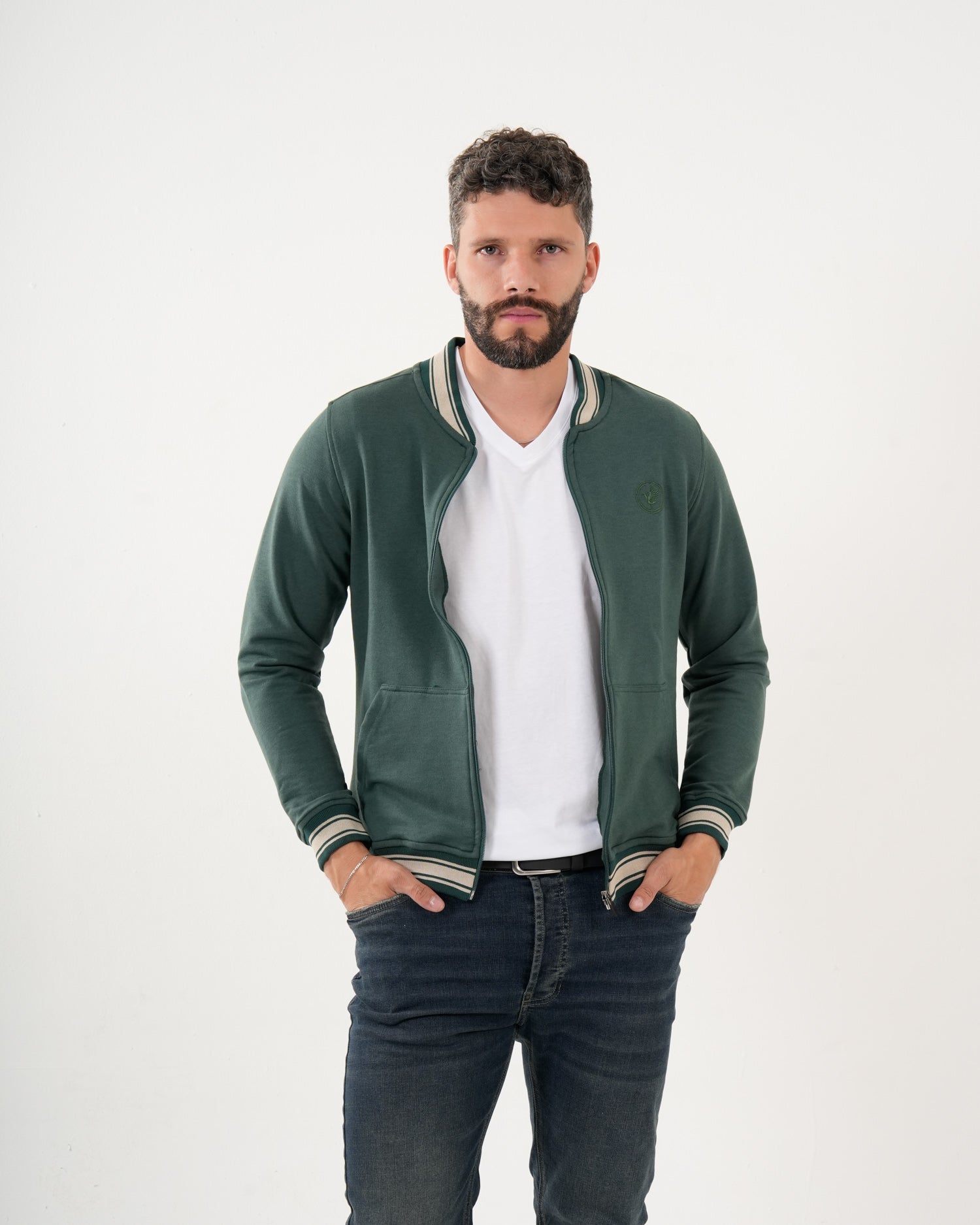 Sudadera Masculina Cremallera | Algodón Premium Verde Oscuro con Ribetes