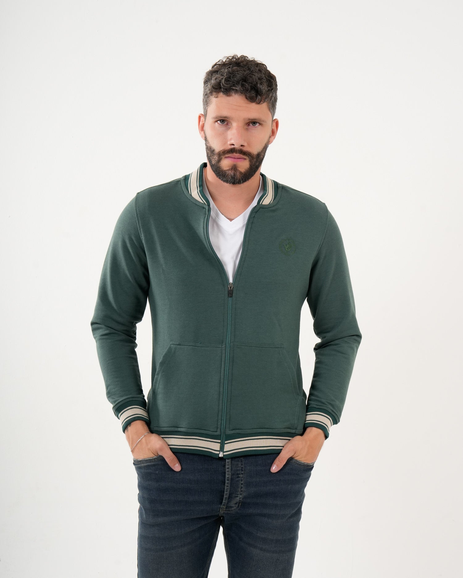Sudadera Masculina Cremallera | Algodón Premium Verde Oscuro con Ribetes