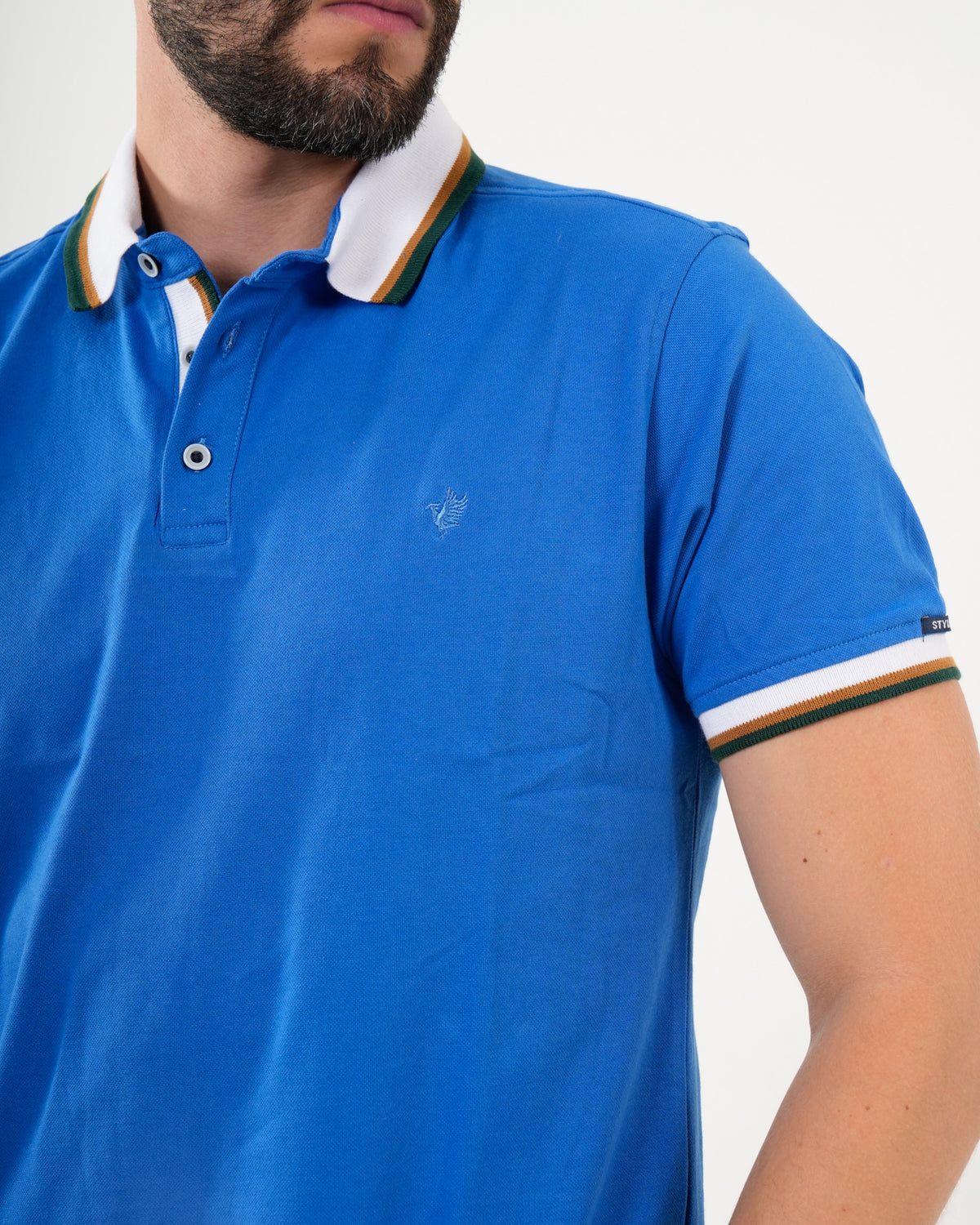 Polo Masculino Manga Corta | Algodón Premium Azul Royal con Ribetes Multicolor