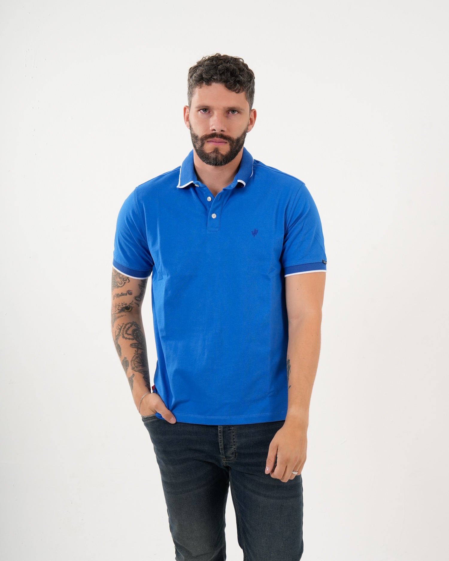 Polo Masculino Manga Corta | Algodón Premium Azul Real con Ribete Blanco
