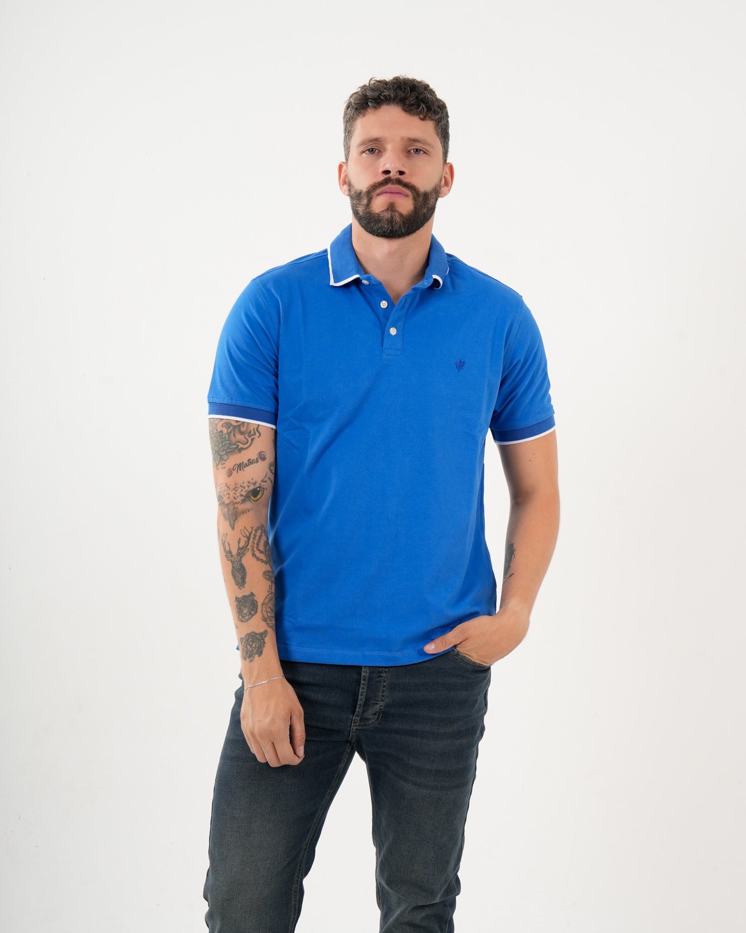 Polo Masculino Manga Corta | Algodón Premium Azul Real con Ribete Blanco
