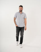 Camisa Masculina Manga Corta | Algodón Premium a Rayas Gris y Blanco