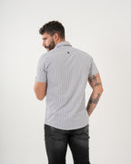 Camisa Masculina Manga Corta | Algodón Premium a Rayas Gris y Blanco