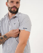Camisa Masculina Manga Corta | Algodón Premium a Rayas Gris y Blanco