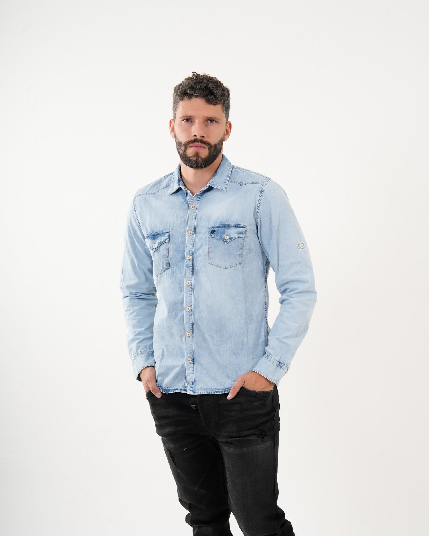 Camisa Denim Masculina Manga Larga | Light Wash Premium con Bolsillos