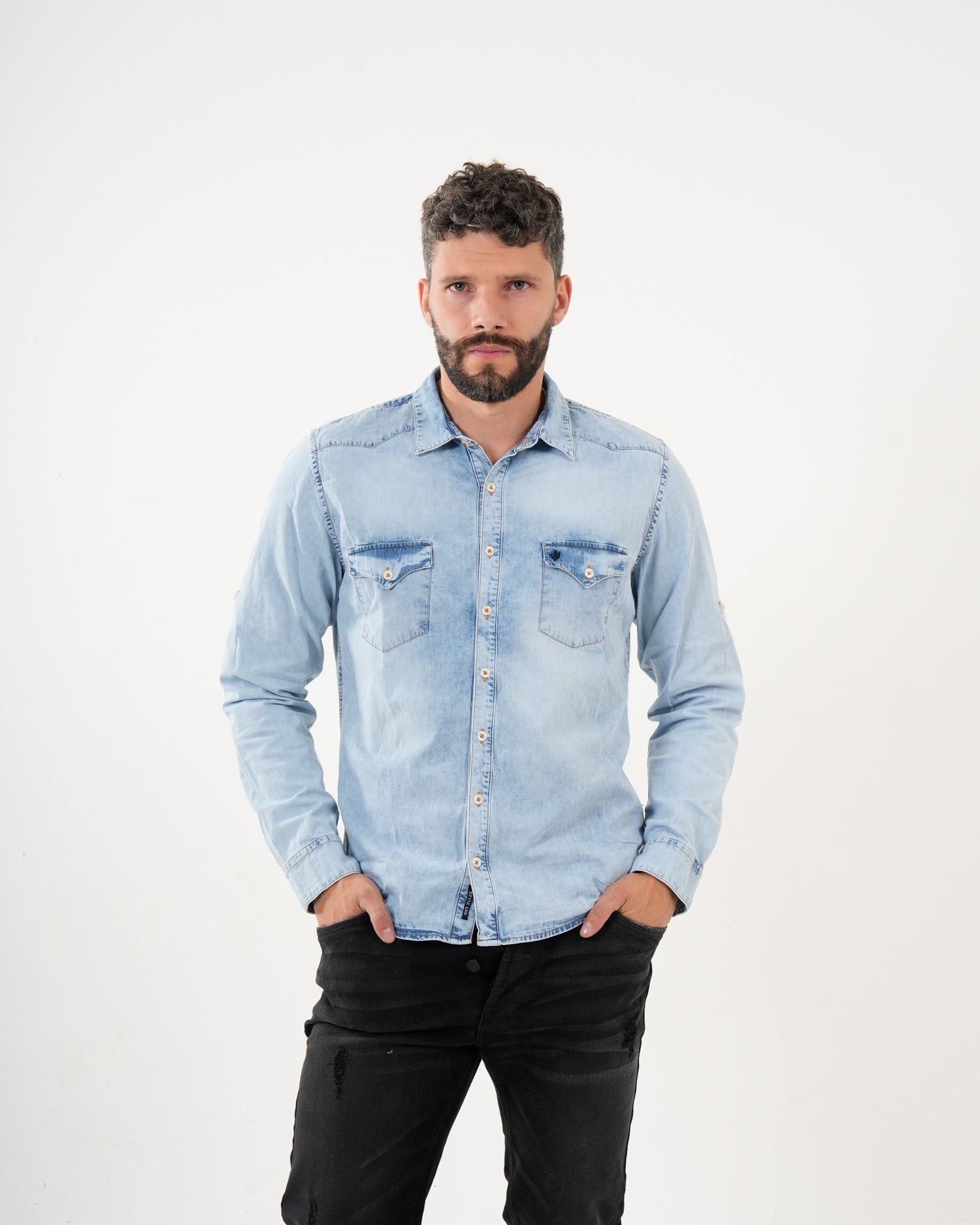 Camisa Denim Masculina Manga Larga | Light Wash Premium con Bolsillos