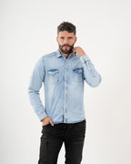 Camisa Denim Masculina Manga Larga | Light Wash Premium con Bolsillos