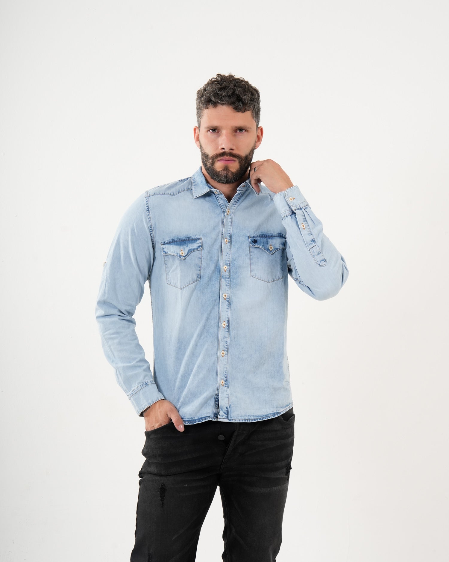 Camisa Denim Masculina Manga Larga | Light Wash Premium con Bolsillos
