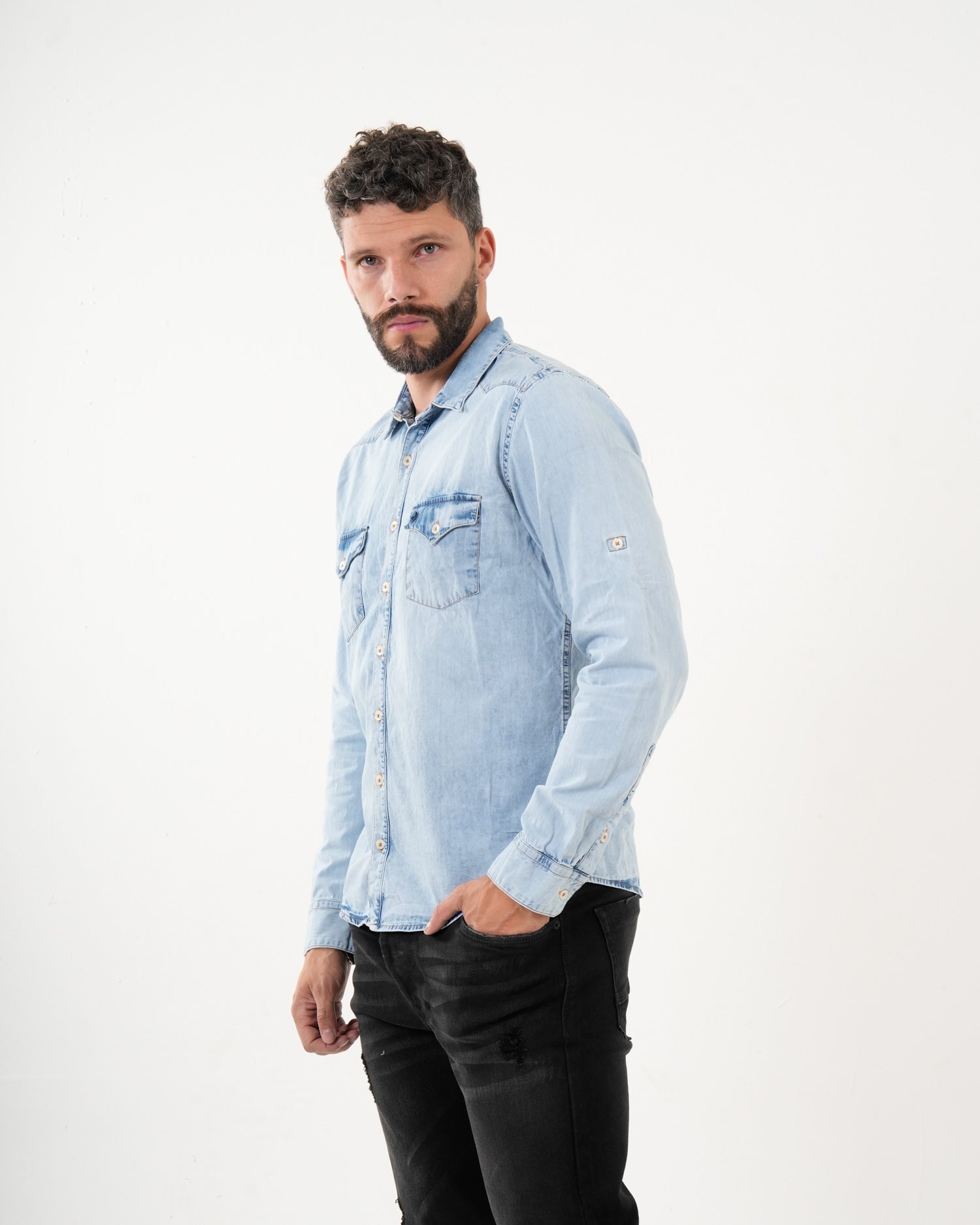 Camisa Denim Masculina Manga Larga | Light Wash Premium con Bolsillos