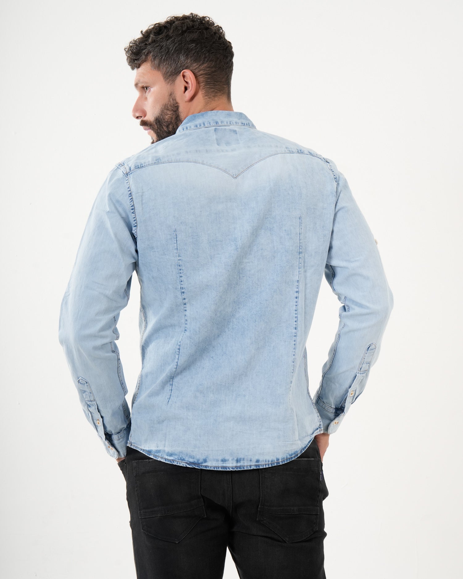 Camisa Denim Masculina Manga Larga | Light Wash Premium con Bolsillos