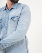 Camisa Denim Masculina Manga Larga | Light Wash Premium con Bolsillos