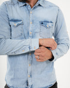 Camisa Denim Masculina Manga Larga | Light Wash Premium con Bolsillos