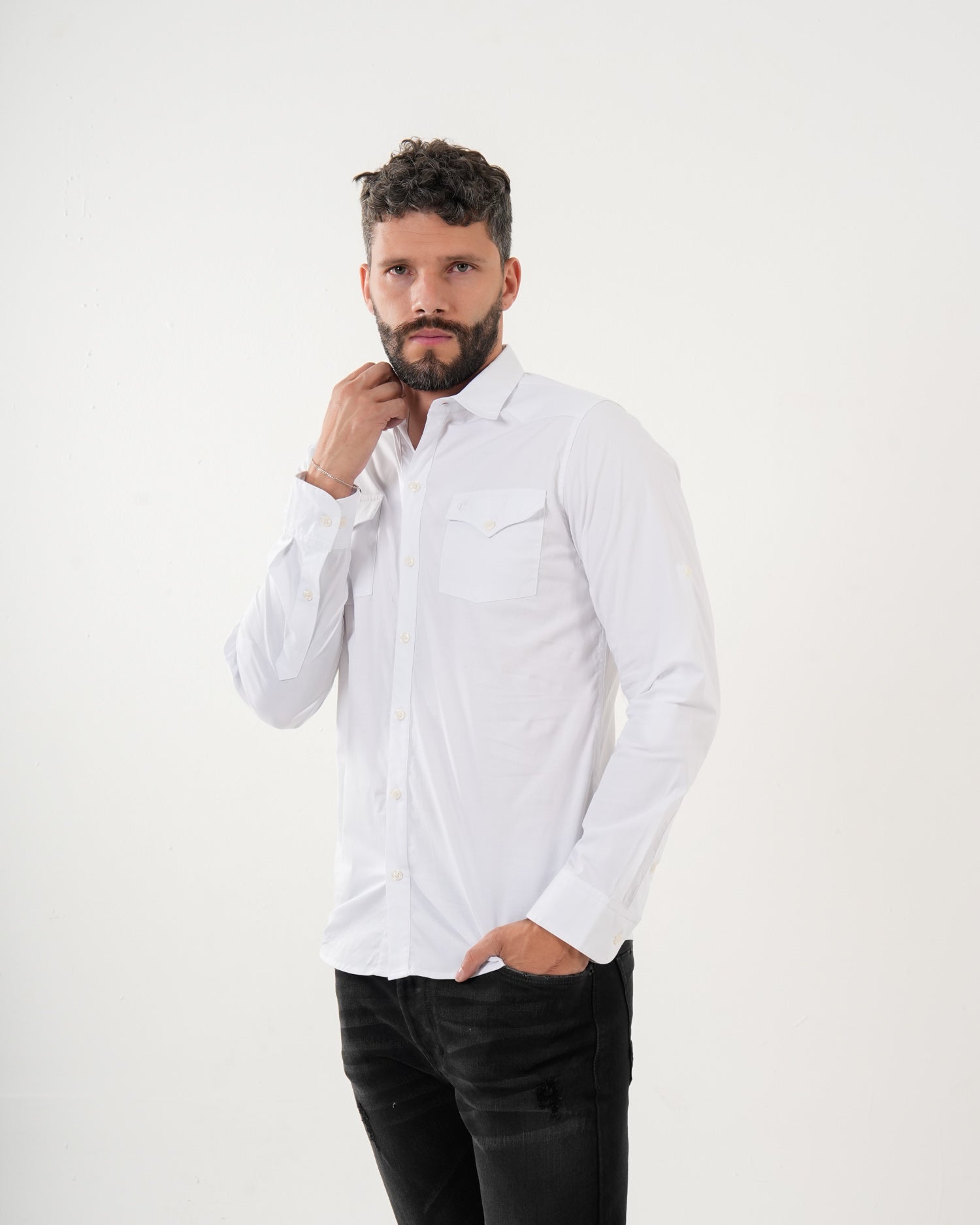 Camisa Masculina Manga Larga | Algodón Premium Blanca con Bolsillos Funcionales