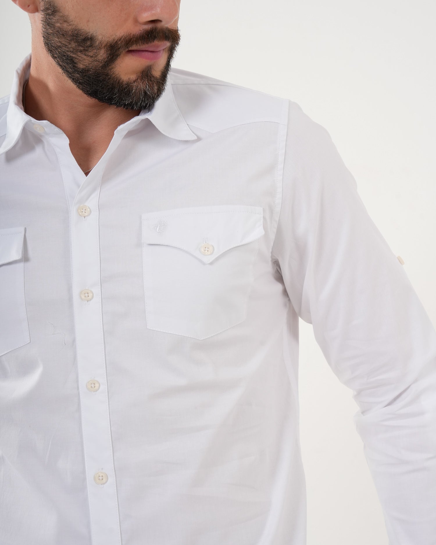 Camisa Masculina Manga Larga | Algodón Premium Blanca con Bolsillos Funcionales