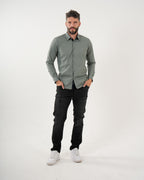 Camisa Masculina Manga Larga | Algodón Premium Gris Verdoso con Logotipo Bordado
