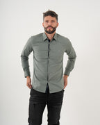 Camisa Masculina Manga Larga | Algodón Premium Gris Verdoso con Logotipo Bordado
