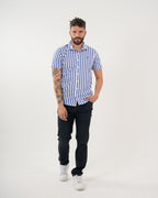 Camisa Masculina Manga Corta | Algodón Premium a Rayas Azul Royal y Blanco