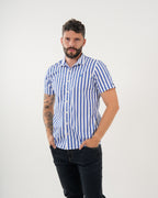 Camisa Masculina Manga Corta | Algodón Premium a Rayas Azul Royal y Blanco