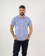 Camisa Masculina Manga Corta | Algodón Premium a Rayas Azul Royal y Blanco