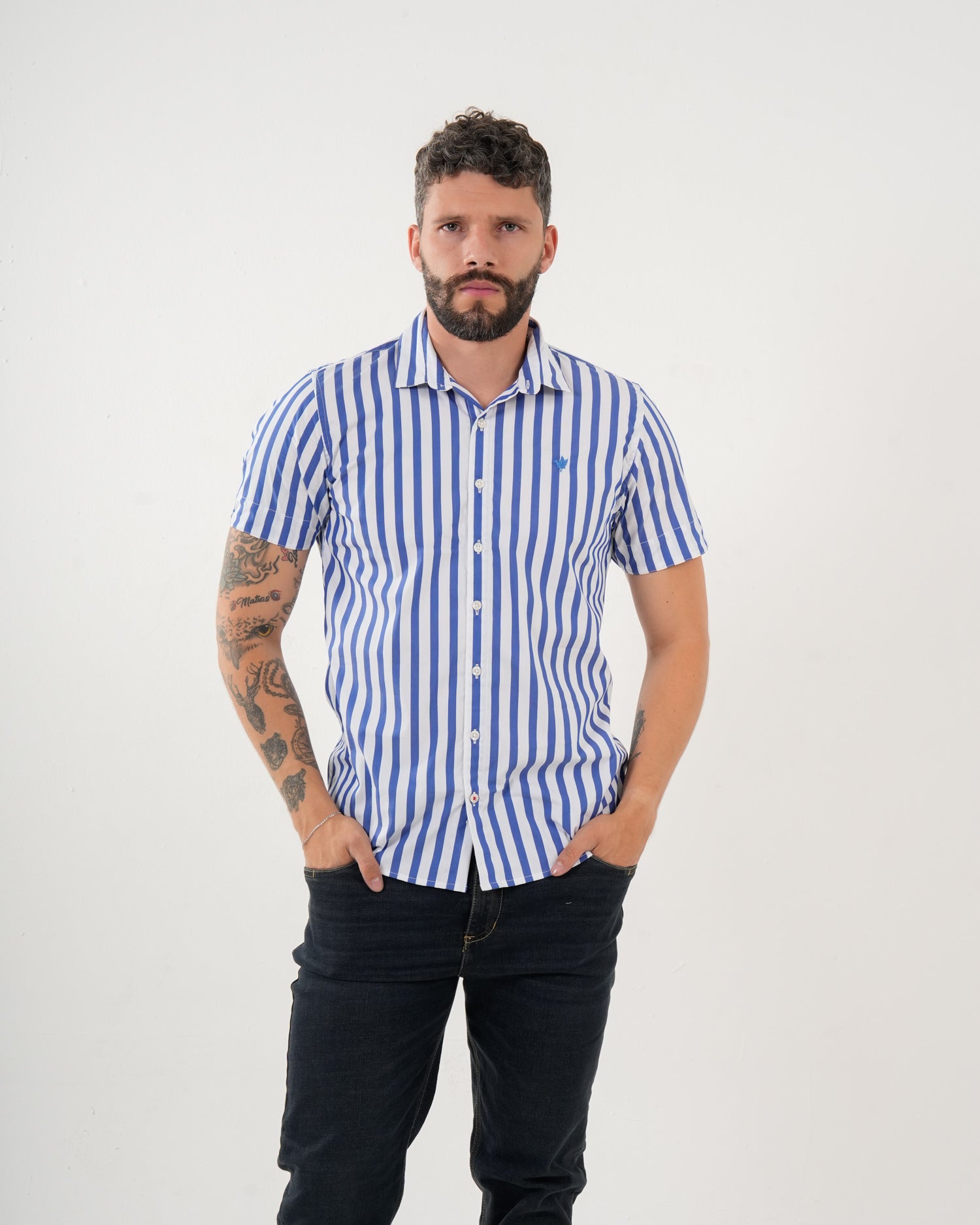 Camisa Masculina Manga Corta | Algodón Premium a Rayas Azul Royal y Blanco
