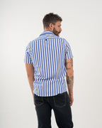 Camisa Masculina Manga Corta | Algodón Premium a Rayas Azul Royal y Blanco