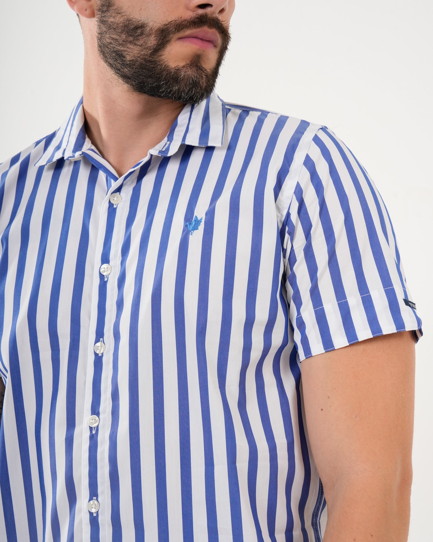 Camisa Masculina Manga Corta | Algodón Premium a Rayas Azul Royal y Blanco