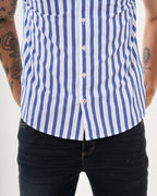 Camisa Masculina Manga Corta | Algodón Premium a Rayas Azul Royal y Blanco