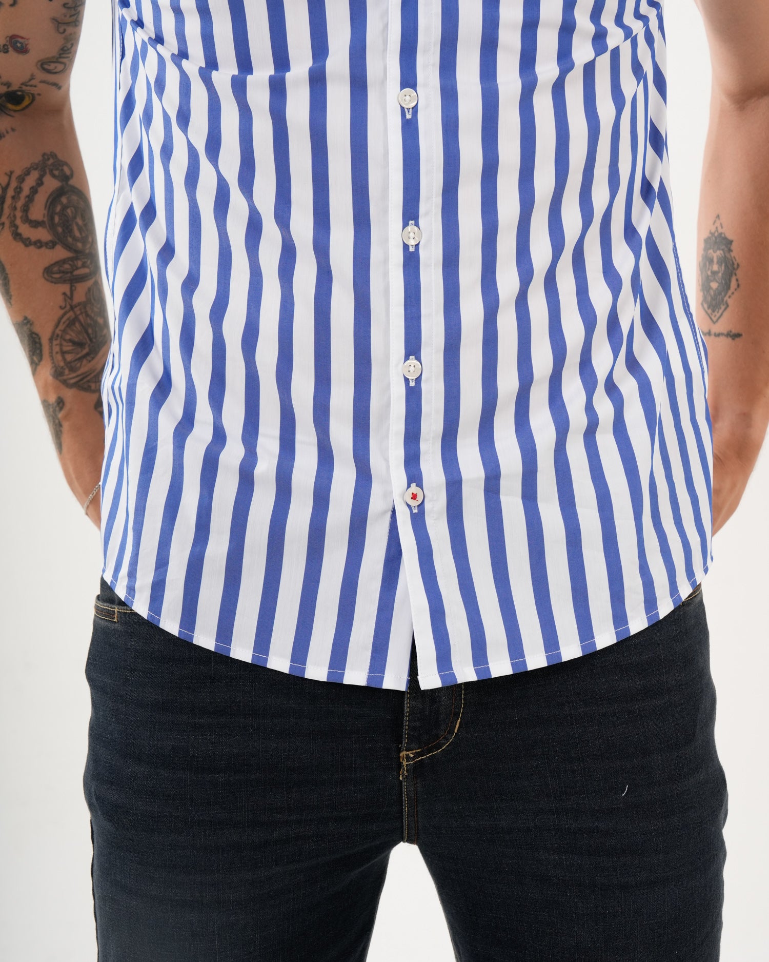 Camisa Masculina Manga Corta | Algodón Premium a Rayas Azul Royal y Blanco