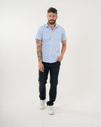Camisa Masculina Manga Corta | Algodón Premium a Rayas Azul Claro y Blanco