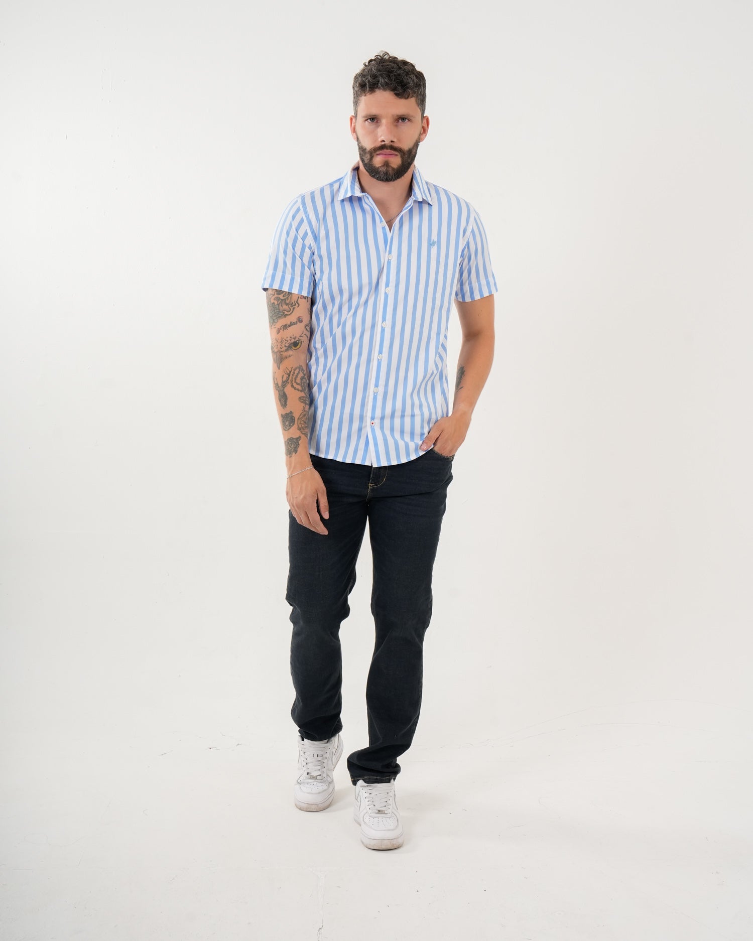 Camisa Masculina Manga Corta | Algodón Premium a Rayas Azul Claro y Blanco