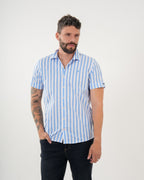 Camisa Masculina Manga Corta | Algodón Premium a Rayas Azul Claro y Blanco