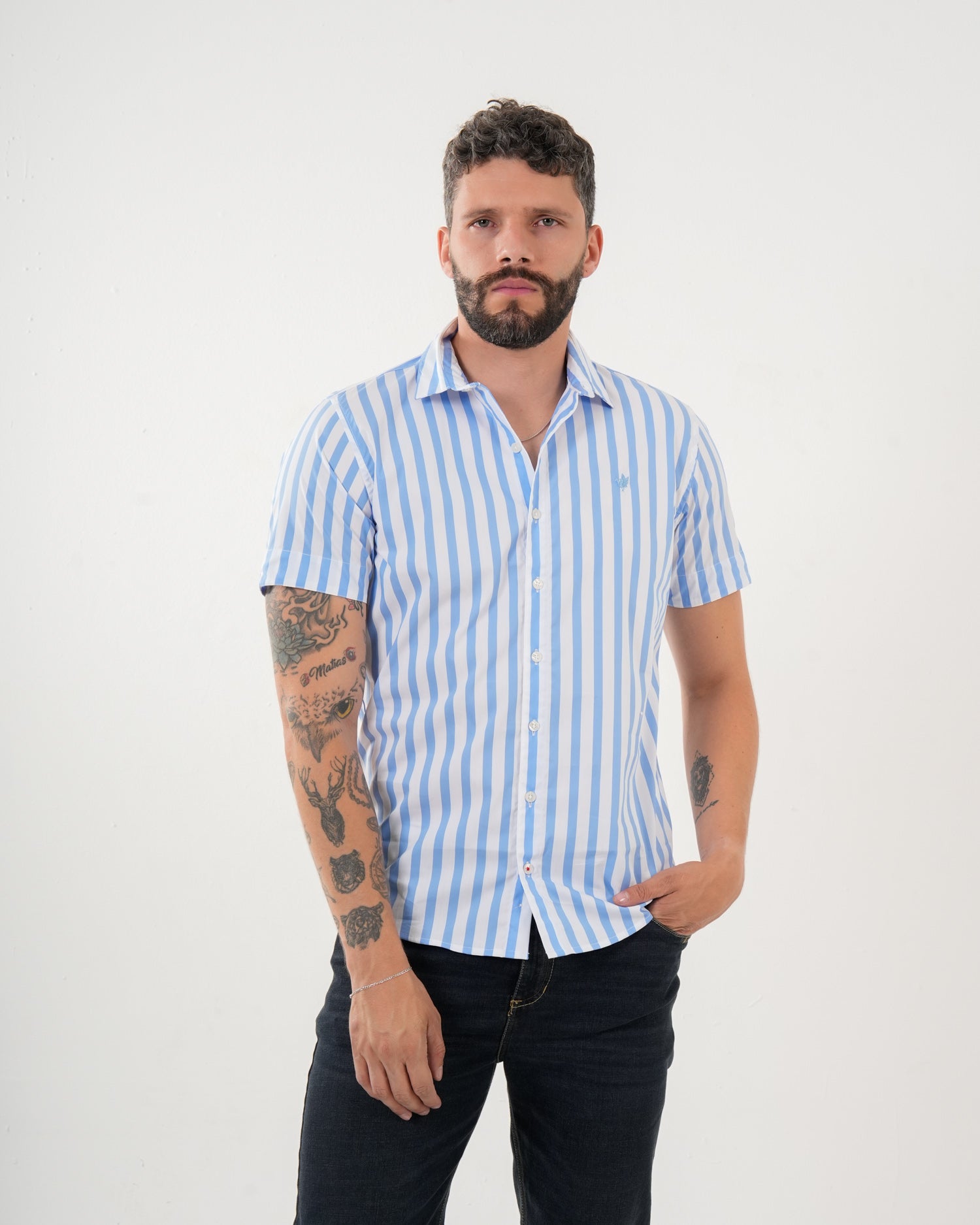 Camisa Masculina Manga Corta | Algodón Premium a Rayas Azul Claro y Blanco