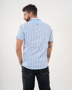 Camisa Masculina Manga Corta | Algodón Premium a Rayas Azul Claro y Blanco