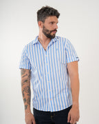 Camisa Masculina Manga Corta | Algodón Premium a Rayas Azul Claro y Blanco