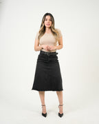 Falda Denim Negro Midi | Diseño Premium Deshilachado
