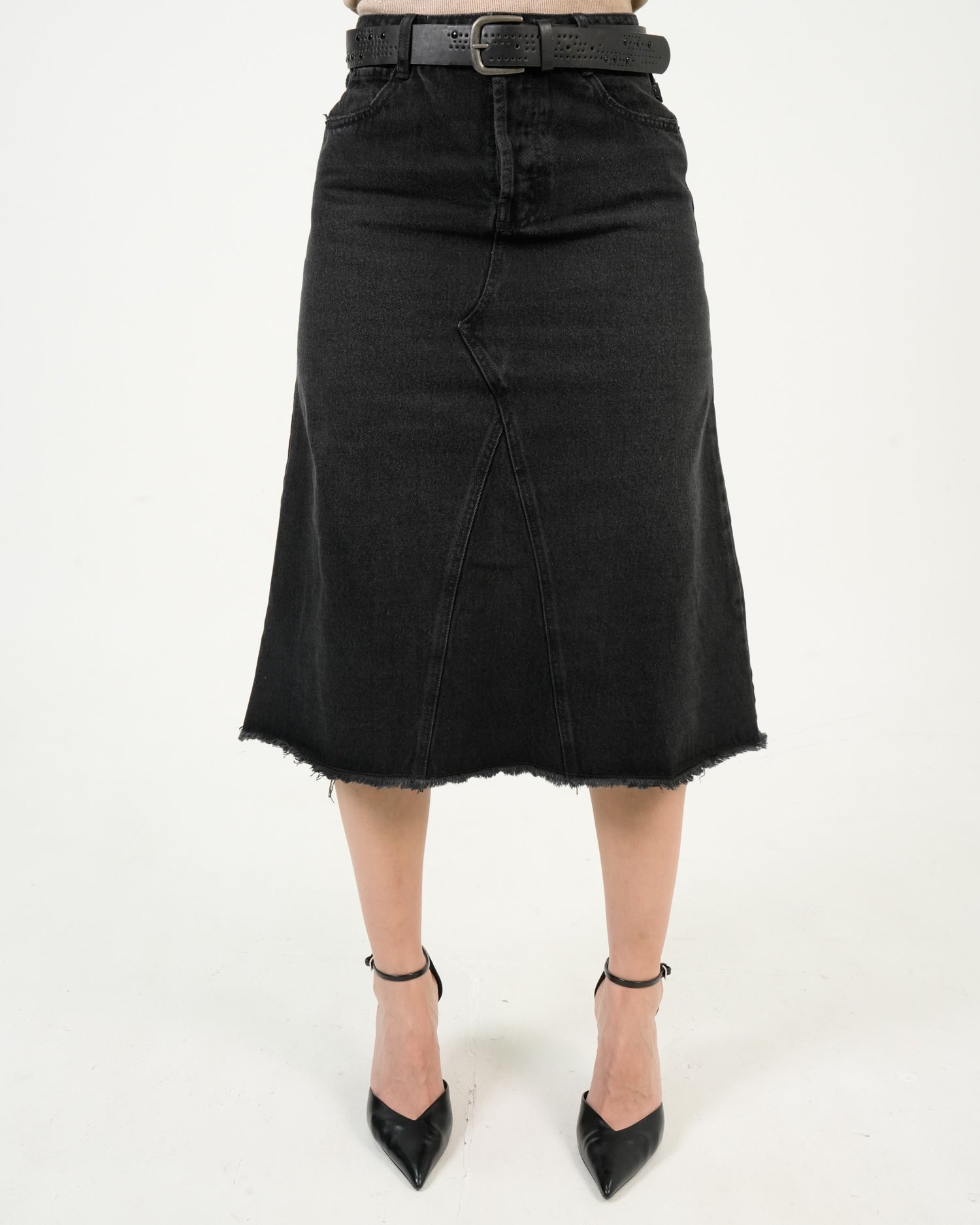 Falda Denim Negro Midi | Diseño Premium Deshilachado